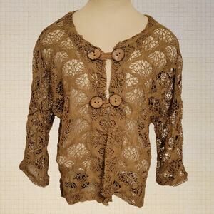 Adore Medium Tan Crochet Lace Button Front Cardigan Boho Layering Top